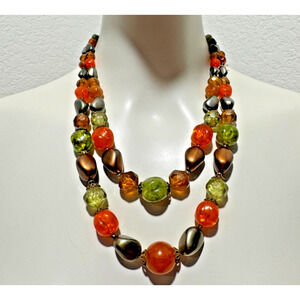 WEST GERMANY Double Strand Amber Orange Green Brown 50s 60s Bead Vtg Necklace